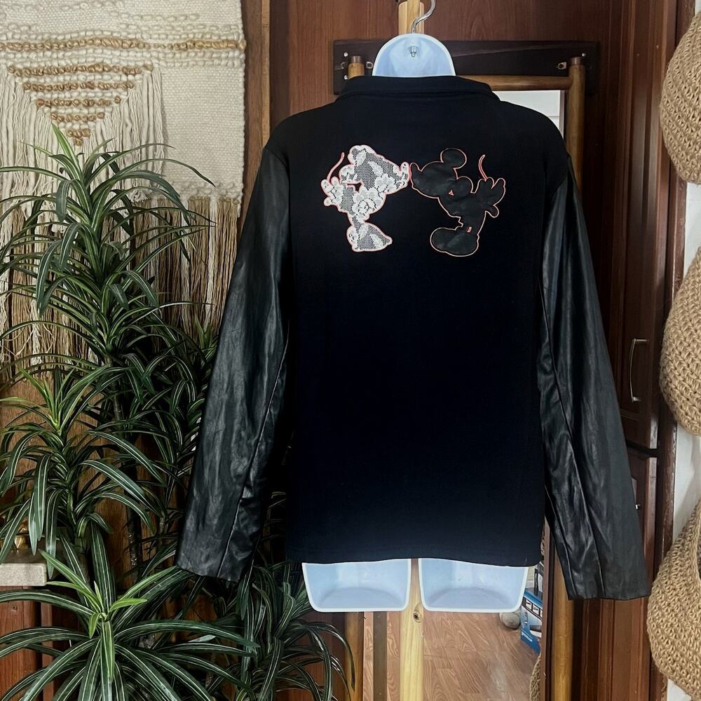 Disney Mickey Minnie Jacket Womens L Bradford Exchange Black Faux Leather Lace